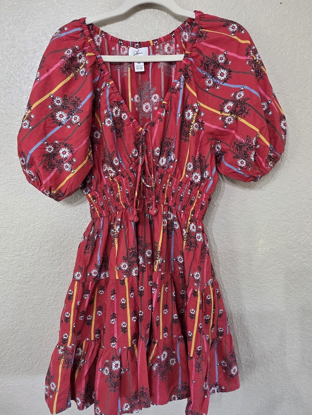 Japna Red Floral Boho Puff Sleeve Cotton Dress